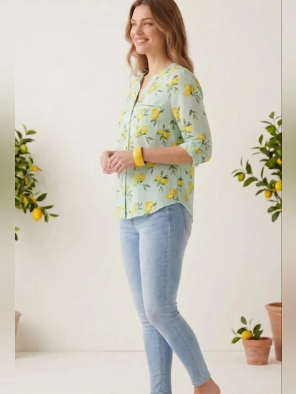 Wishful Park Mint Green Lemon-Print Henley Neckline Blouse